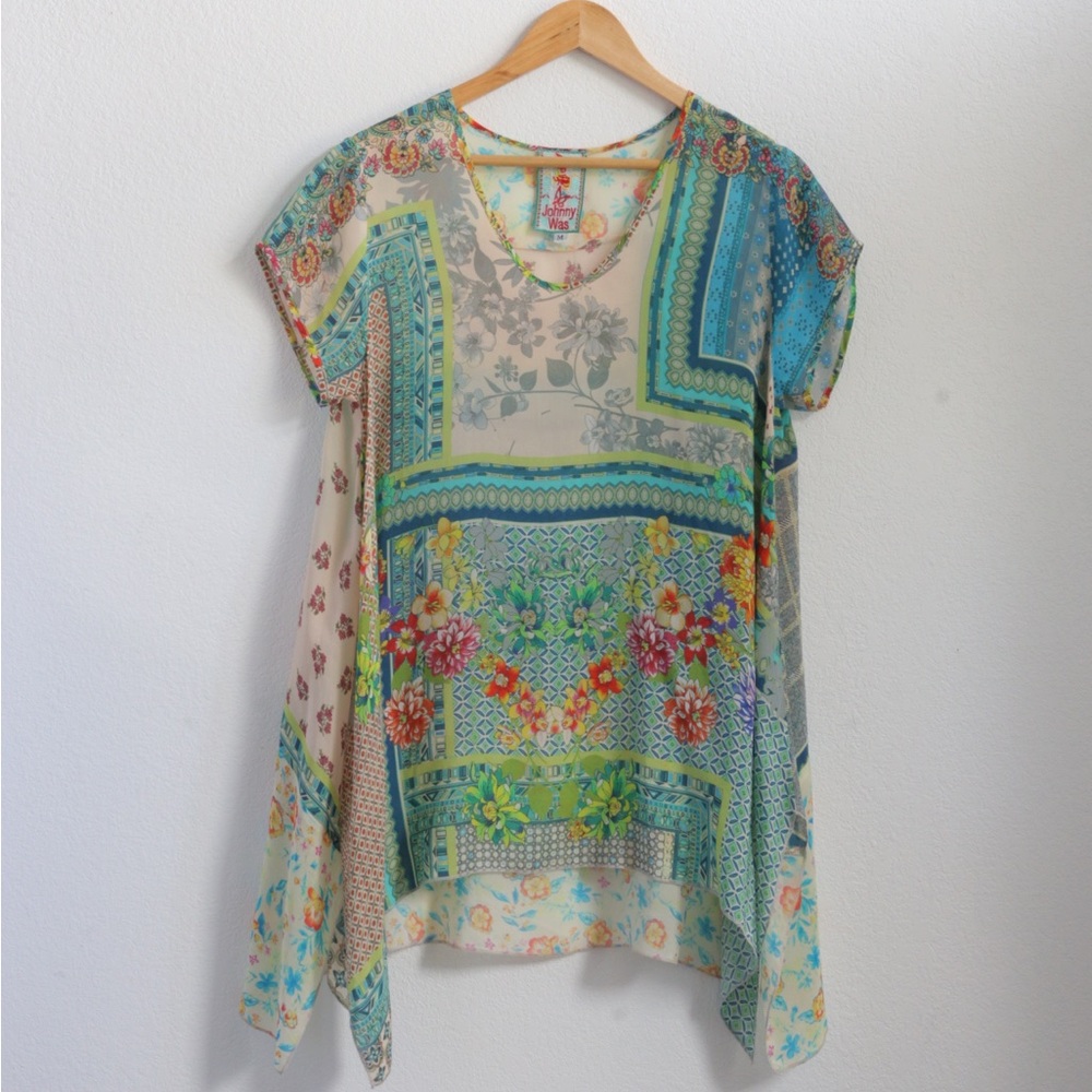 Johnny Was Teal, Cream & Green Floral Patchwork Tunic